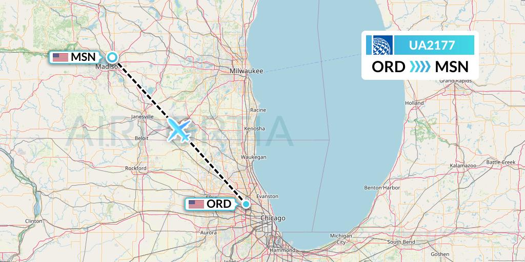 UA2177 United Airlines Flight Map: Chicago to Madison