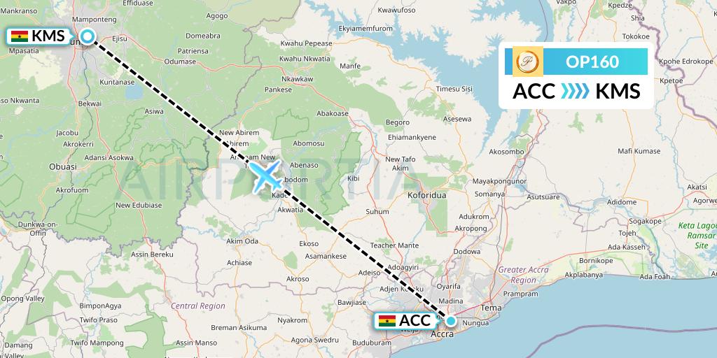 OP160 PassionAir Flight Map: Accra to Kumasi