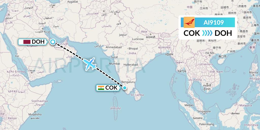 AI9109 Air India Flight Map: Cochin to Doha