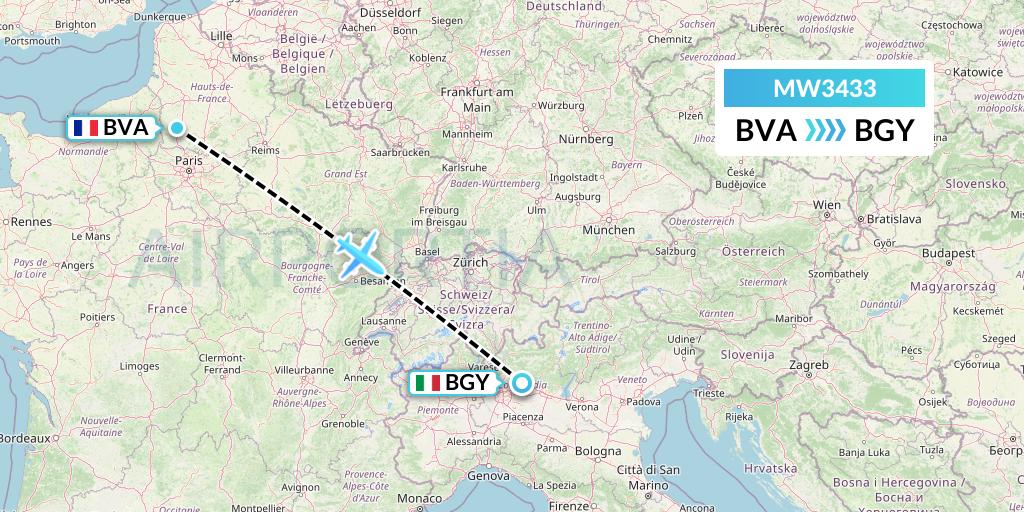 MW3433 Mokulele Flight Service Flight Map: Paris to Milan