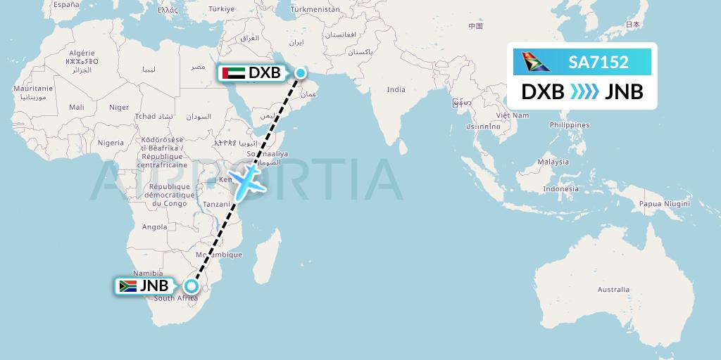 SA7152 South African Airways Flight Map: Dubai to Johannesburg