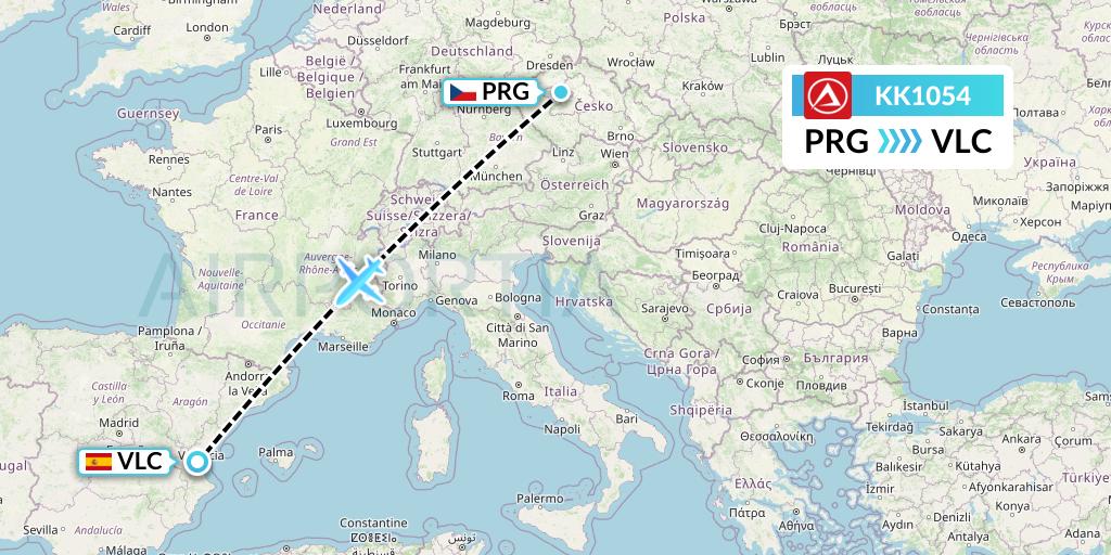 KK1054 Atlasjet Flight Map: Prague to Valencia