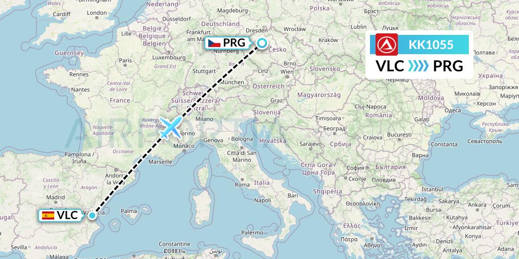 KK1055 Atlasjet Flight Map: Valencia to Prague