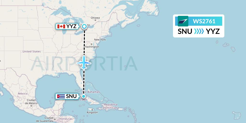 WS2761 WestJet Flight Map: Santa Clara to Toronto