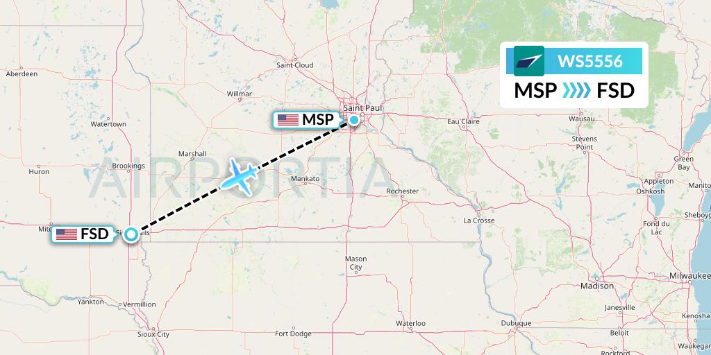 WS5556 WestJet Flight Map: Minneapolis to Sioux Falls