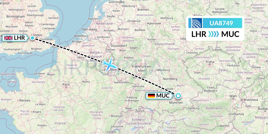 UA8749 United Airlines Flight Map: London to Munich