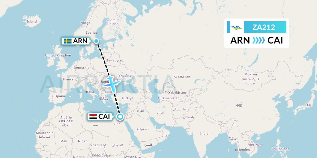 ZA212 Sky Angkor Airlines Flight Map: Stockholm to Cairo