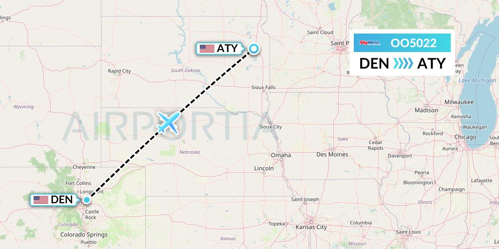 OO5022 SkyWest Airlines Flight Map: Denver to Watertown