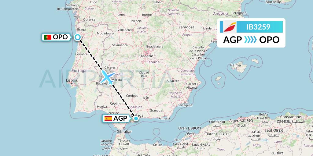 IB3259 Iberia Flight Map: Malaga to Porto