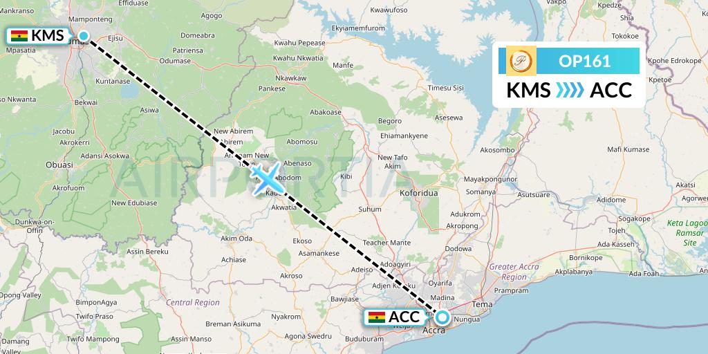 OP161 PassionAir Flight Map: Kumasi to Accra