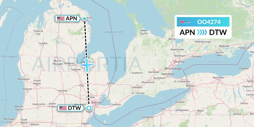 OO4274 SkyWest Airlines Flight Map: Alpena to Detroit