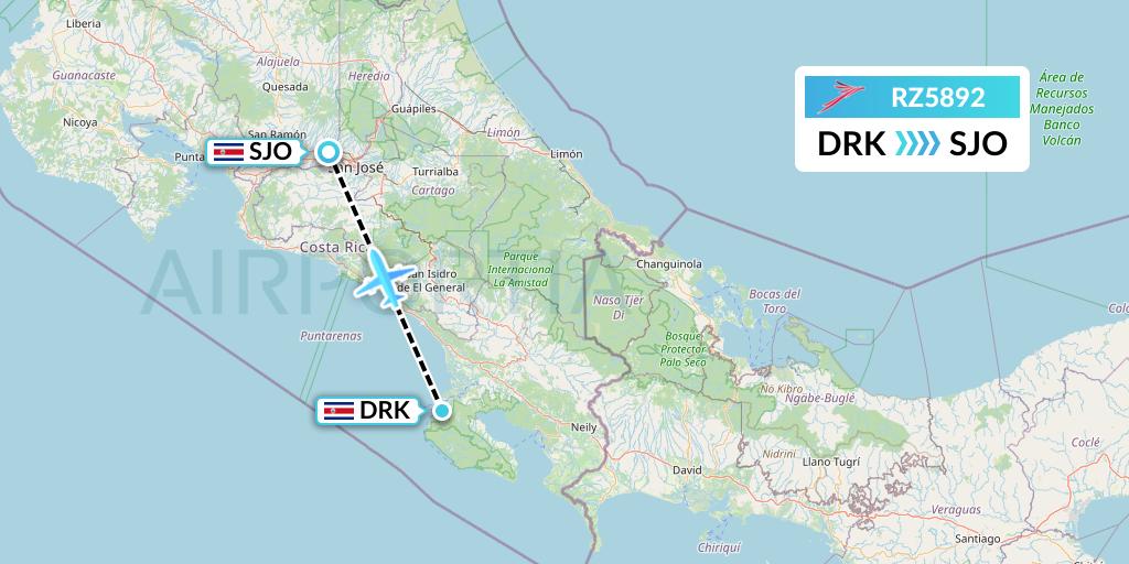 RZ5892 Sansa Airlines Flight Map: Agujitas de Drake to San Jose