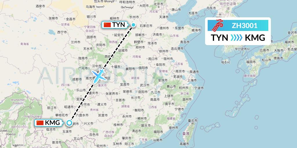 ZH3001 Shenzhen Airlines Flight Map: Taiyuan to Kunming
