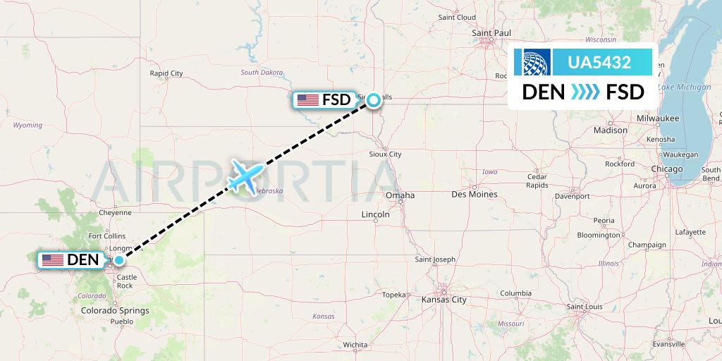 UA5432 United Airlines Flight Map: Denver to Sioux Falls