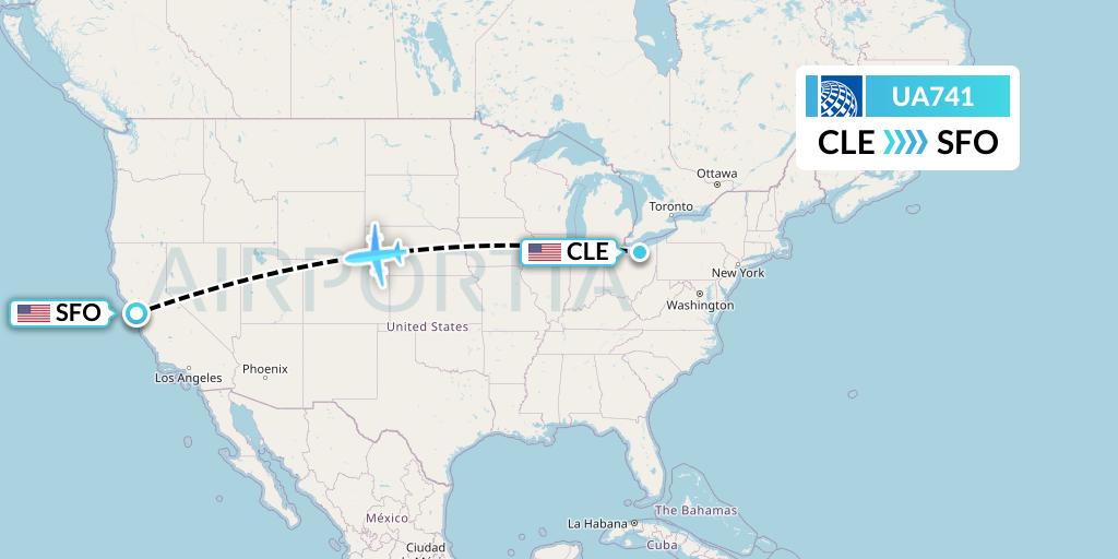 UA741 United Airlines Flight Map: Cleveland to San Francisco