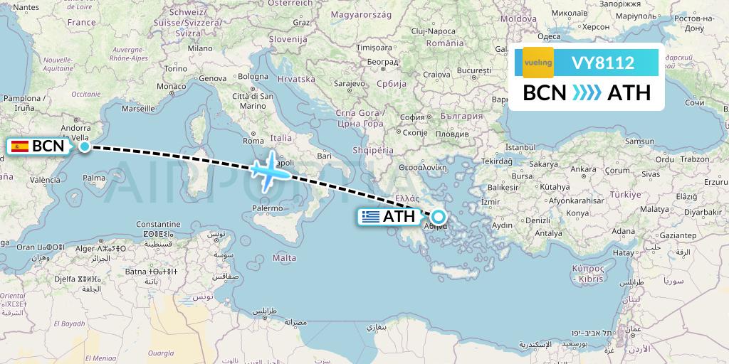 VY8112 Vueling Flight Map: Barcelona to Athens