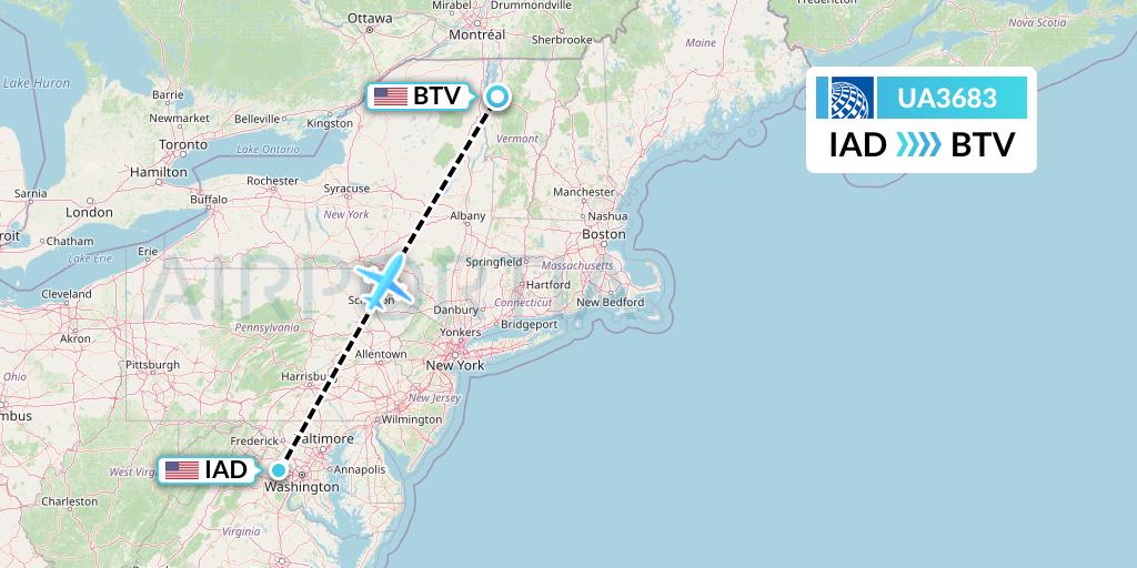 UA3683 United Airlines Flight Map: Washington to Burlington