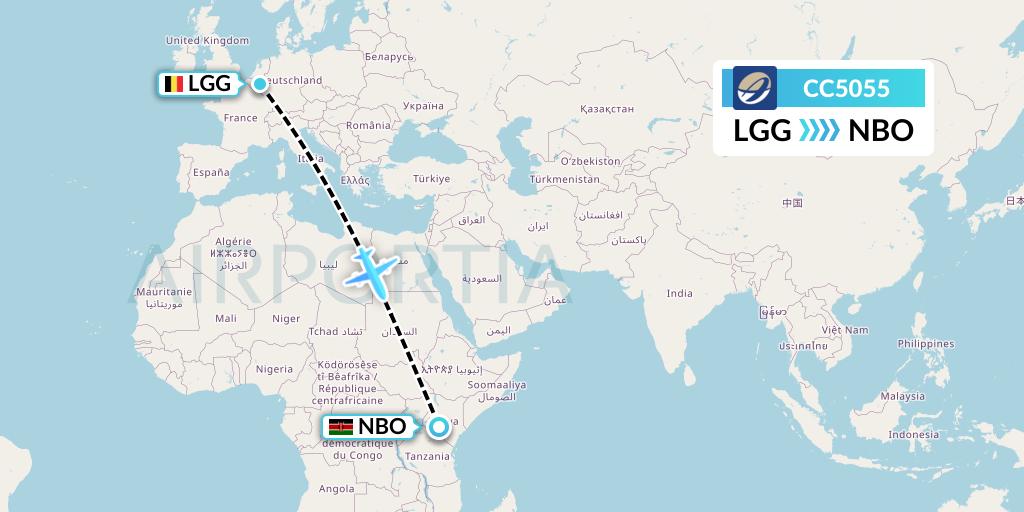CC5055 CM Airlines Flight Map: Liege to Nairobi