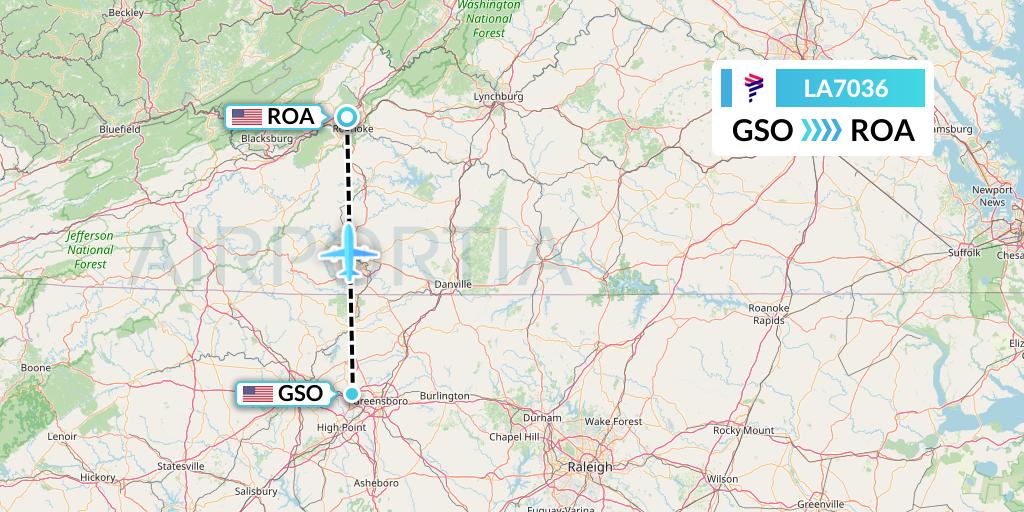 LA7036 LAN Airlines Flight Map: Greensboro to Roanoke
