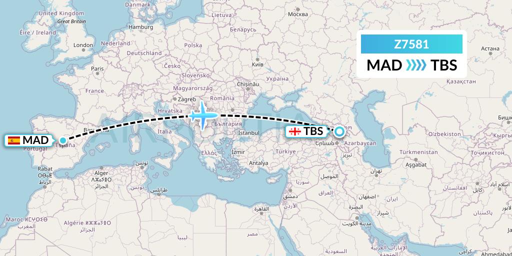 Z7581 Fly Africa Zimbabwe Flight Map: Madrid to Tbilisi