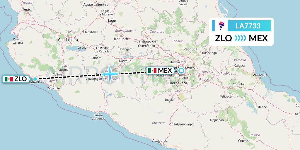 LA7733 LAN Airlines Flight Map: Manzanillo to Mexico City