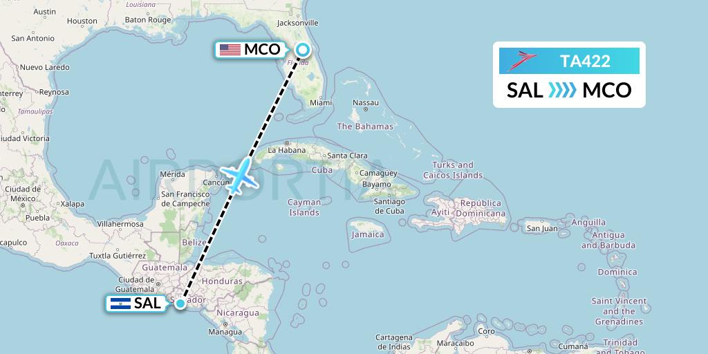TA422 TACA Airlines Flight Map: San Salvador to Orlando