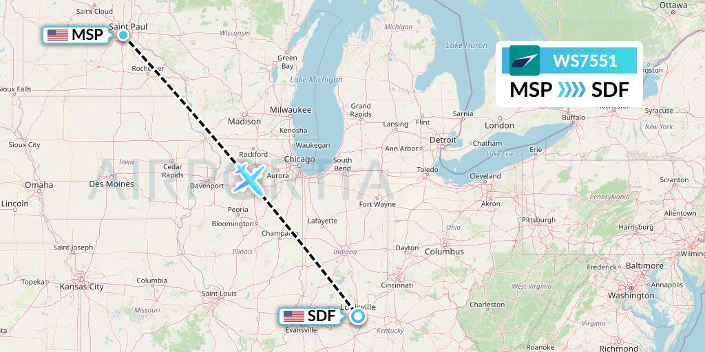WS7551 WestJet Flight Map: Minneapolis to Louisville
