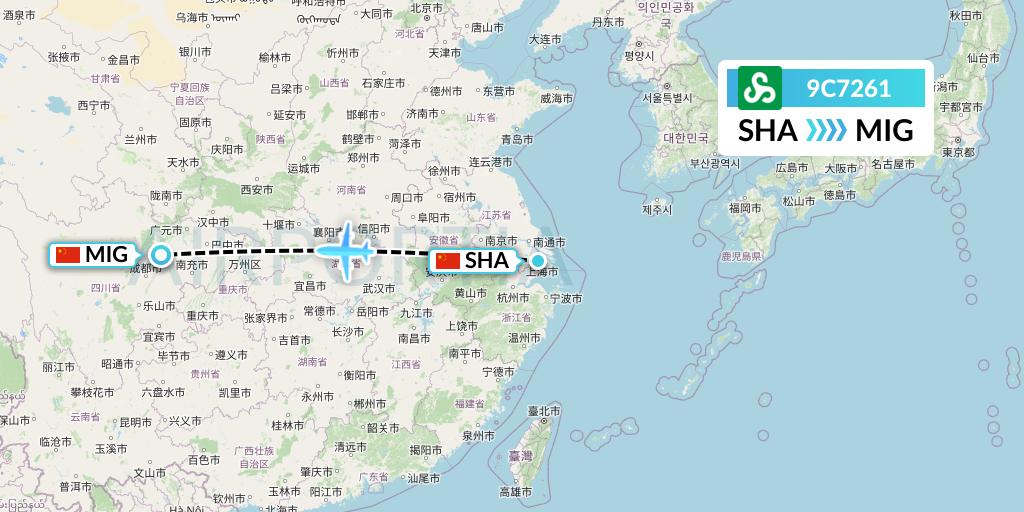 9C7261 Spring Airlines Flight Map: Shanghai to Mianyang