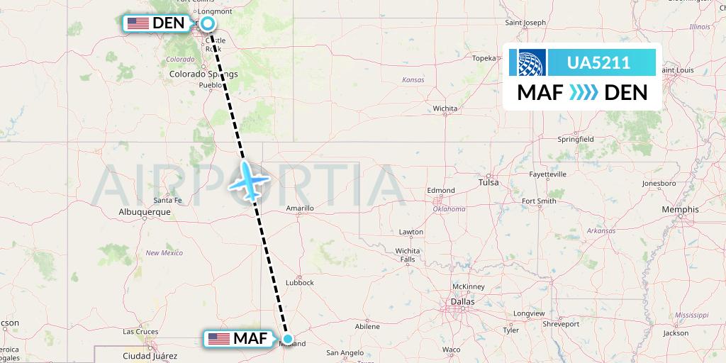 UA5211 United Airlines Flight Map: Midland to Denver