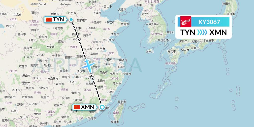 KY3067 Kunming Airlines Flight Map: Taiyuan to Xiamen