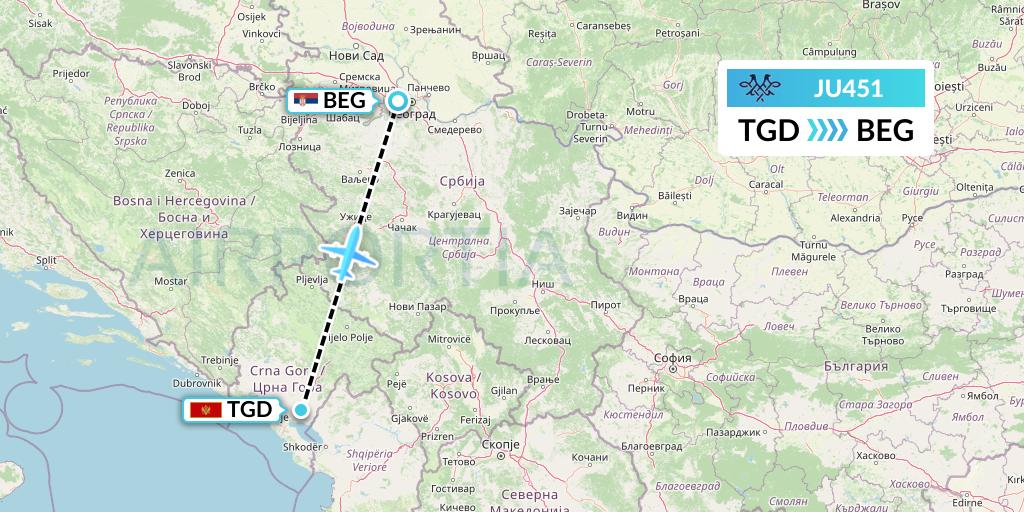JU451 AirSERBIA Flight Map: Podgorica to Belgrade