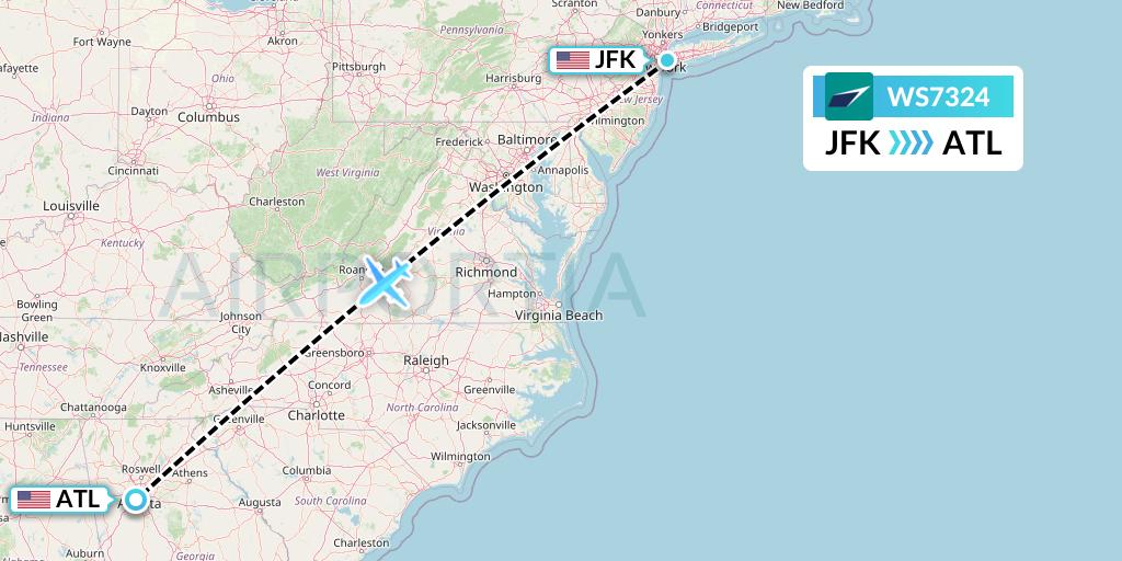 WS7324 WestJet Flight Map: New York to Atlanta