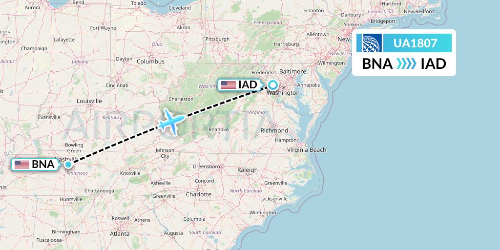UA1807 United Airlines Flight Map: Nashville to Washington