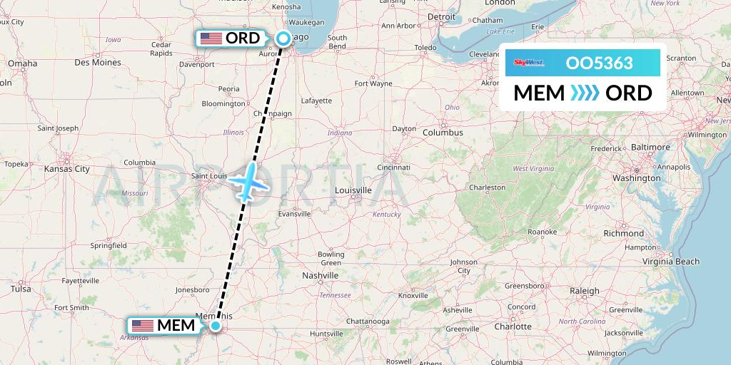 OO5363 SkyWest Airlines Flight Map: Memphis to Chicago