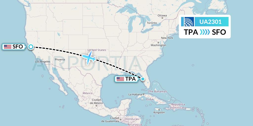 UA2301 United Airlines Flight Map: Tampa to San Francisco