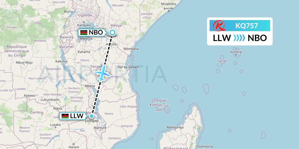 KQ757 Kenya Airways Flight Map: Lilongwe to Nairobi