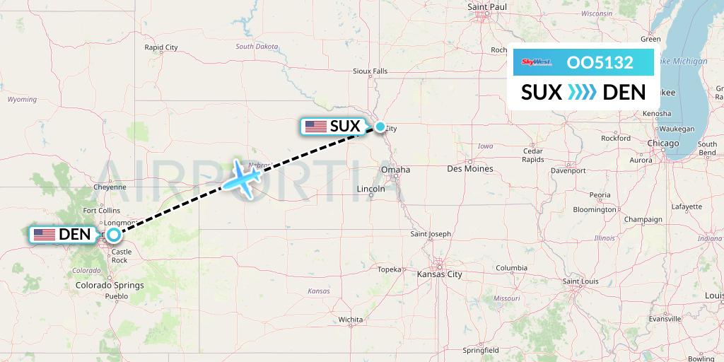 OO5132 SkyWest Airlines Flight Map: Sioux City to Denver