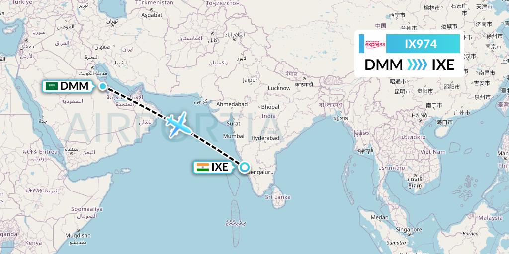 IX974 Air India Express Flight Map: Dammam to Mangalore