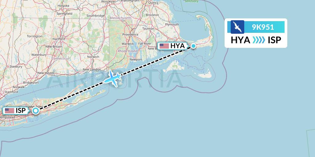 9K951 Cape Air Flight Map: Hyannis to Islip