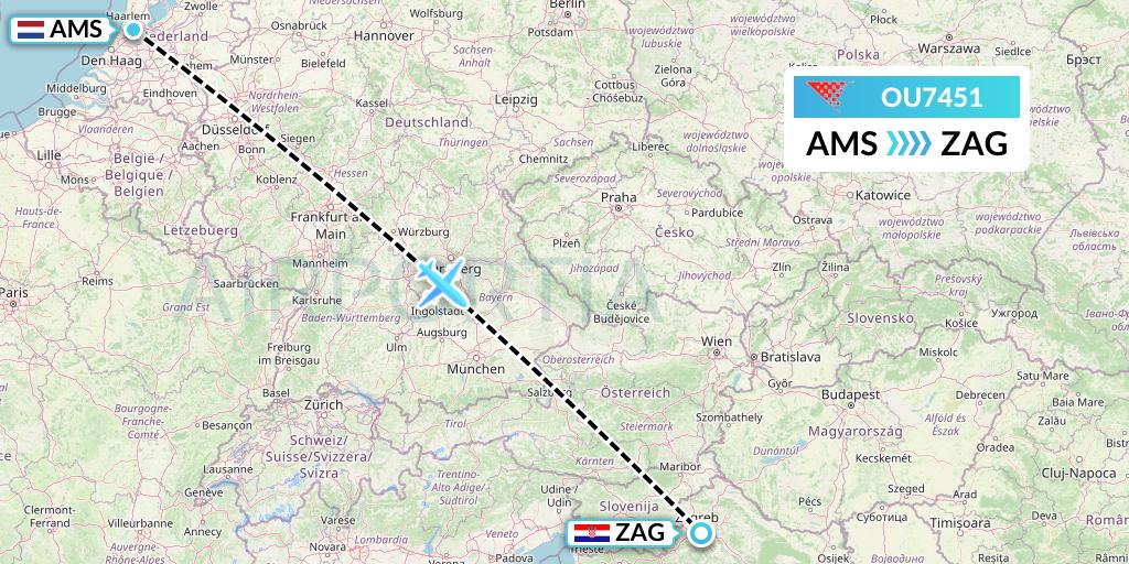 OU7451 Croatia Airlines Flight Map: Amsterdam to Zagreb