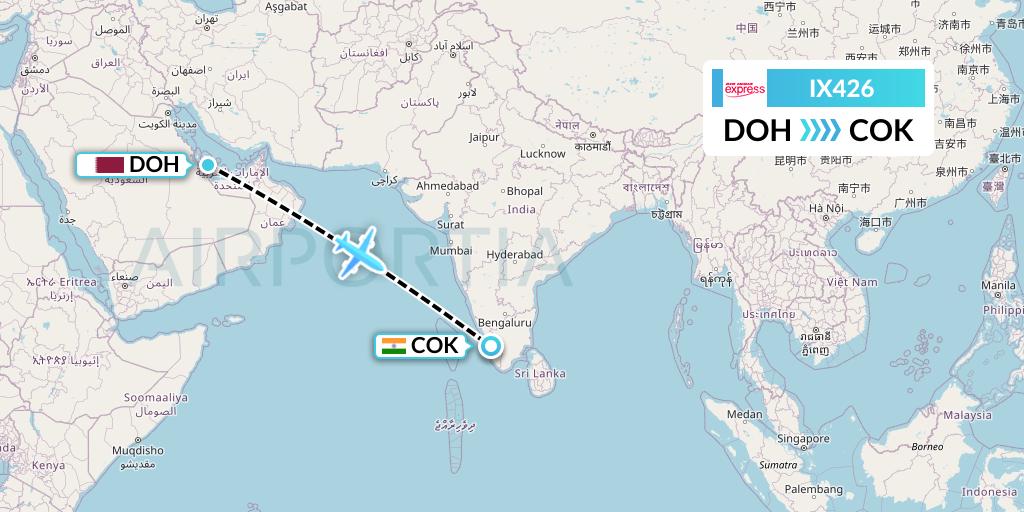 IX426 Air India Express Flight Map: Doha to Cochin