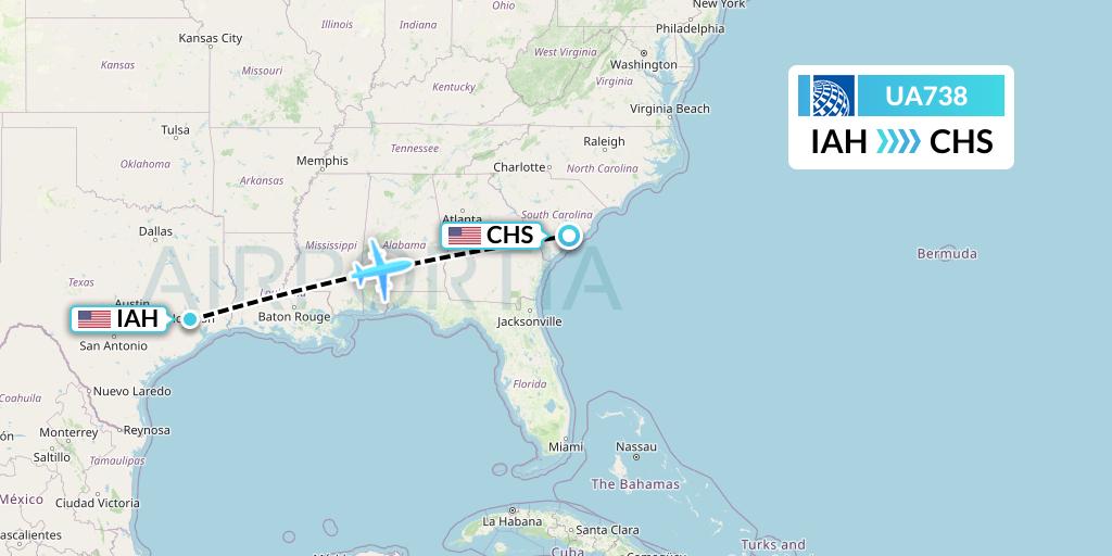 UA738 United Airlines Flight Map: Houston to Charleston