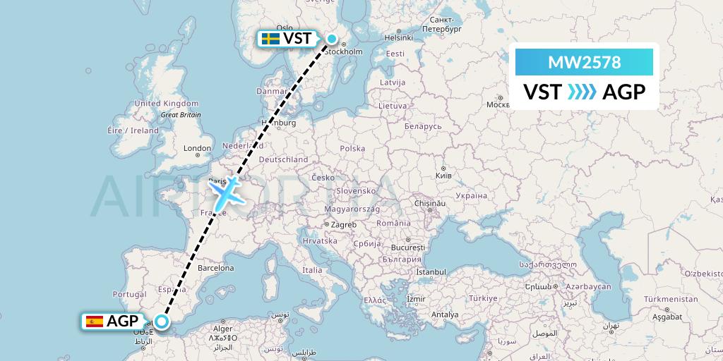 MW2578 Mokulele Flight Service Flight Map: Stockholm to Malaga