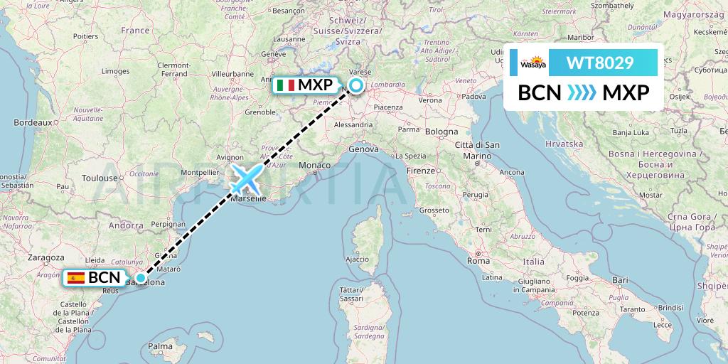 WT8029 Swiftair Flight Map: Barcelona to Milan