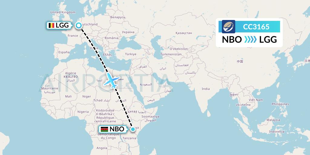 CC3165 CM Airlines Flight Map: Nairobi to Liege