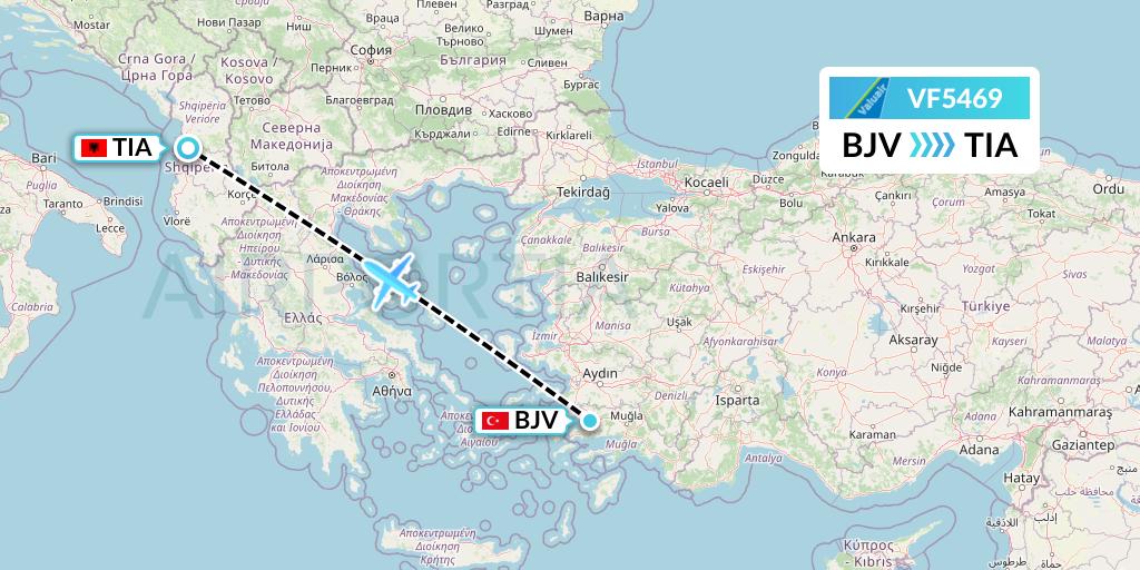 VF5469 ValuAir Flight Map: Bodrum to Tirana