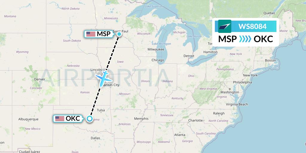 WS8084 WestJet Flight Map: Minneapolis to Oklahoma City