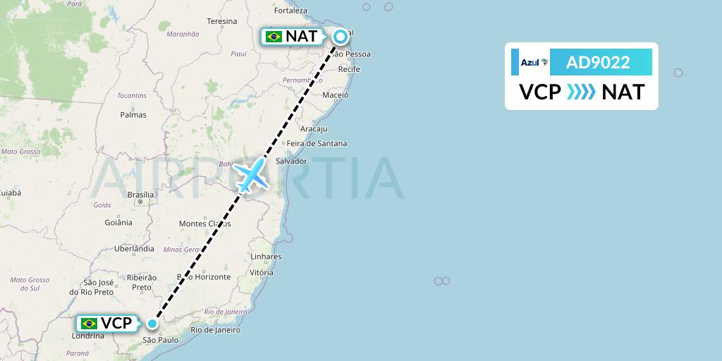 AD9022 Azul Brazilian Airlines Flight Map: Campinas to Natal