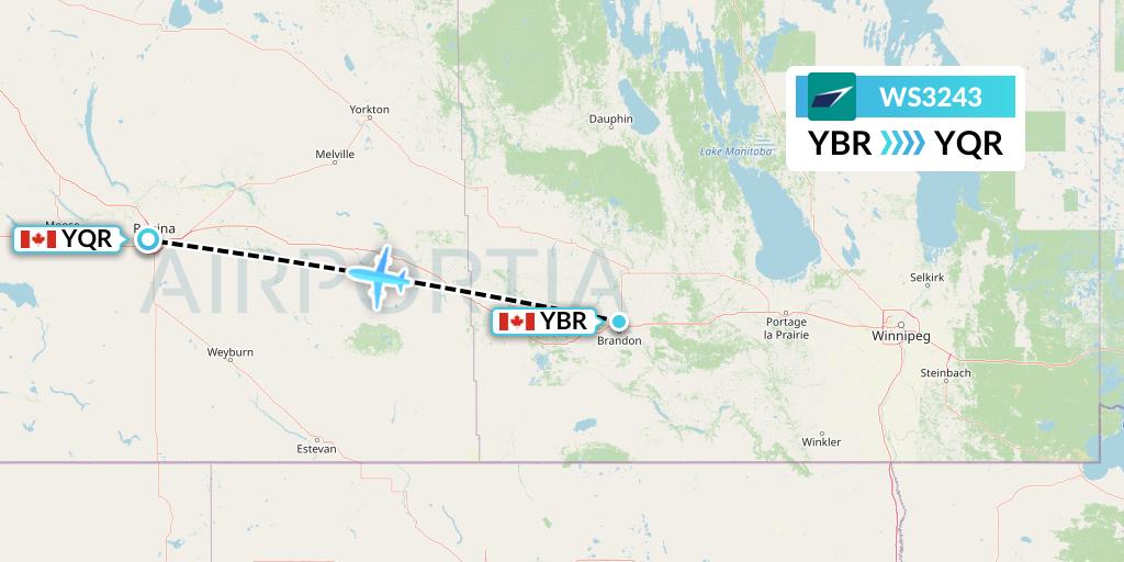 WS3243 WestJet Flight Map: Brandon to Regina