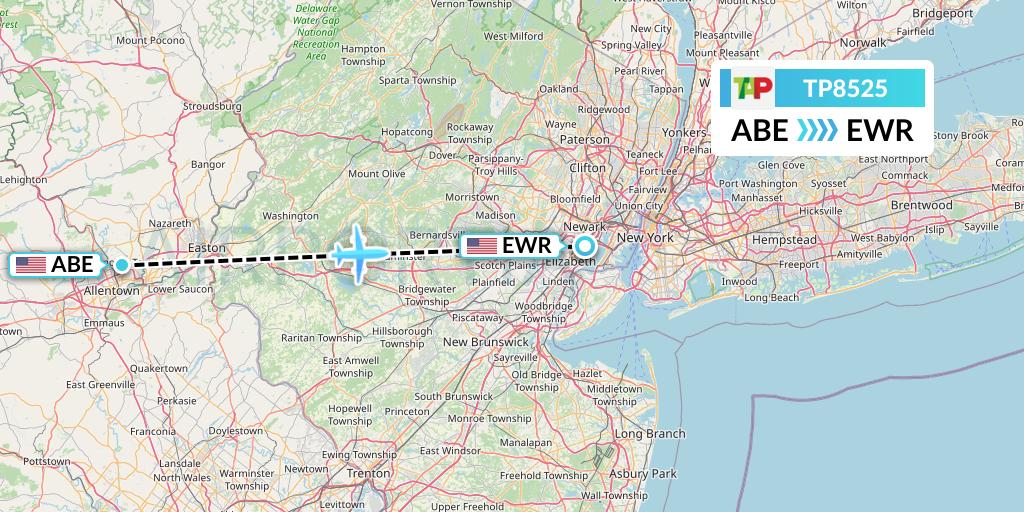 TP8525 TAP Portugal Flight Map: Allentown to New York